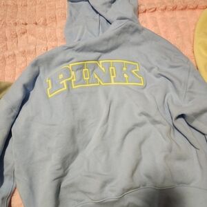 PINK Victoria's Secret Light Blue Hoodie with Yellow Lettering